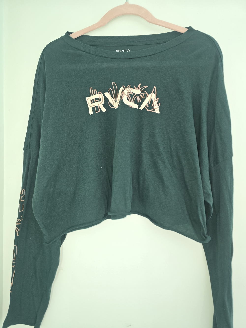 RVCA Forest Green Crop Long-Sleeve Tee with Light Peach Logo